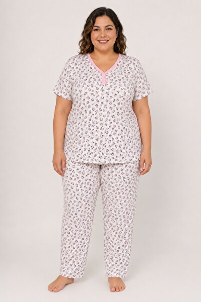 CottonVia Mother's Pajama Set, Ribbed V-Neck, Floral Pattern, Short Sleeve, 1...