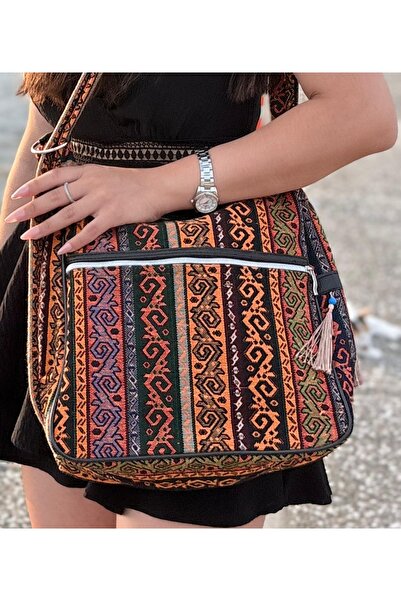 EdButikModa Vintage Etnik Desenli Kadın Omuz Çantası Süet Görünümlü Kapaklı B...