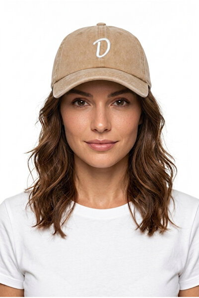ŞapkaMania Beige Embroidered Washable Vintage Unisex Hat with Letter D