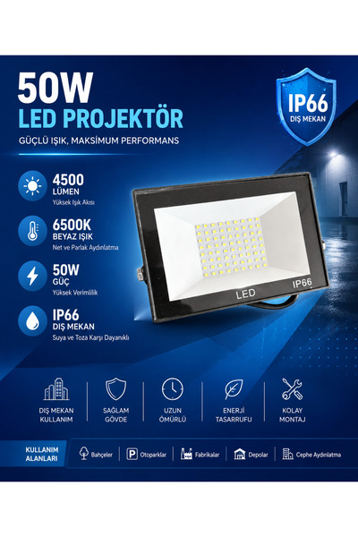 Atlantis 50 WATT LED PROJEKTÖR ALÜMİNYUM GÖVDE DIŞ MEKAN IP66 - BEYAZ IŞIK 6500K
