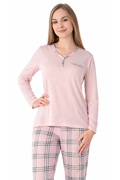 FLZ Plaid Patterned Viscose Pajama Set Long Sleeve Comfortable Home Wear 89-140