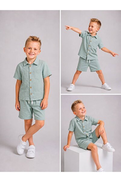 Melodikids Cămașă și pantaloni scurți pentru băieți, set de vară din muselină