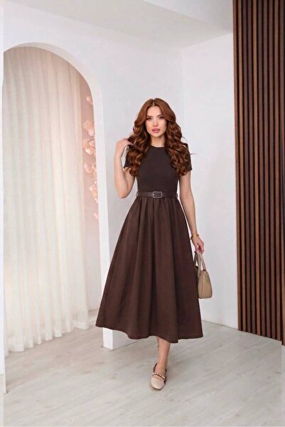 sunfyre Women's Crew Neck Short Sleeve Belt Detailed Flared Maxi Dress Sun344