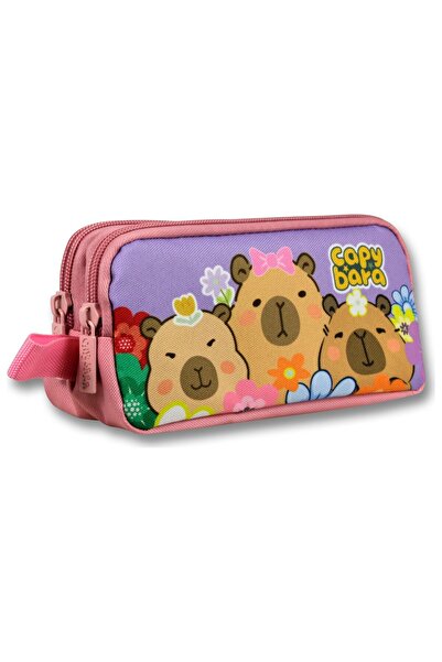 capybara Two-Compartment Floral and Printed Purple - Pink Girls' Pencil Bag -...
