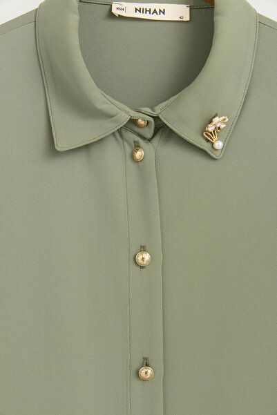 Nihan Plus Size Brooched Shirt Collar Tunic - Green