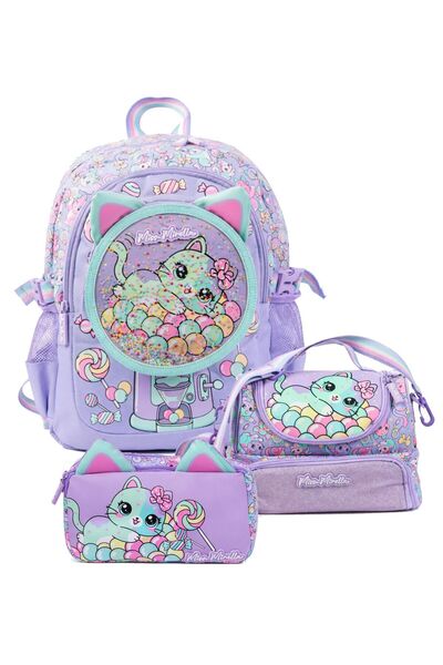 Miss Mirella Girl's Triple Primary School School Bag Set - Cat Printed (Lilac...