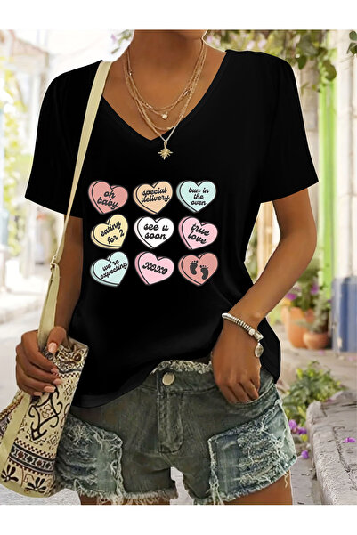 Deocept Women's Hearts Printed V-Neck Sleeves Regular Fit Casual T-Shirt