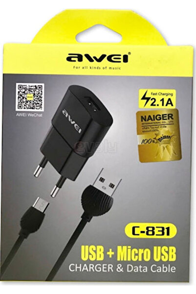 AWEI Φορτιστής με θύρα USB-A και καλώδιο micro USB, Μαύρο (C-831)