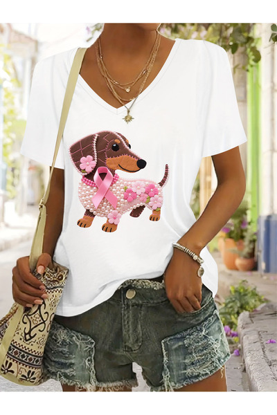 Deocept Women's Mix Printed V-Neck Sleeved Regular Fit Comfortable T-Shirt