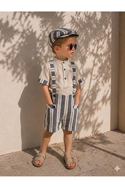 Junior Class Striped Salopet Jumpsuit Shorts Baby Boy Set with Cap Hat 3 Piec...