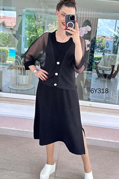 İnce Topuk Mesh Cardigan Modal Fabric Dress Set 6Y318