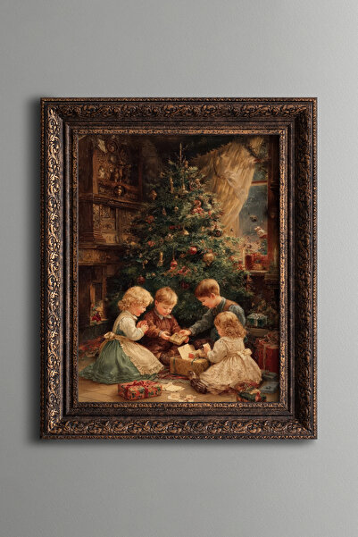 epiqart Children under the Christmas Tree – Vintage Patterned Painting – Thic...