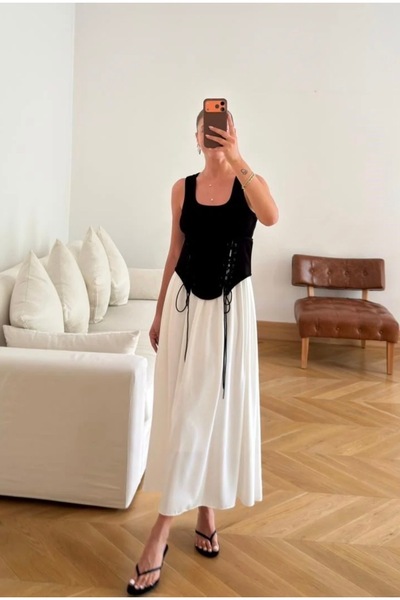 St boutique Siyah- Beyaz Fitilli Korse Detaylı Tasarım Elbise