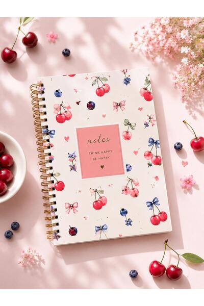 NİORE A5 Spiralli Çizgili Defter 120 sayfa Kiraz Desenli