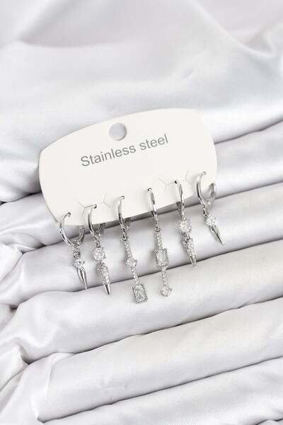 Inure Jewelry 316L Steel Silver Color Zircon Stone Women's Earring Set