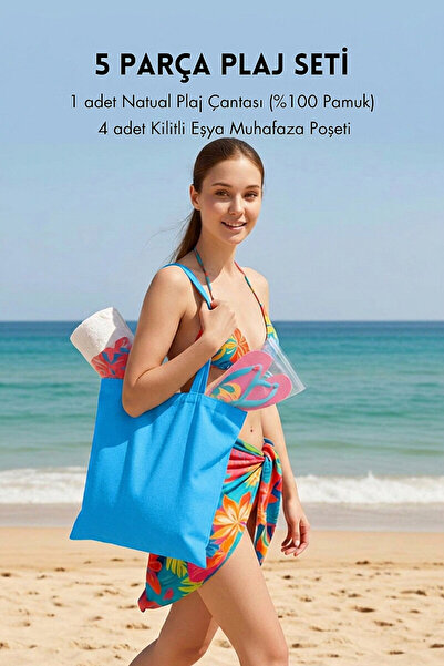 Bimotif 5 parça Plaj Seti, Mavi Plaj Çantası (36x39 cm, %100 Pamuk) ve 4 adet...