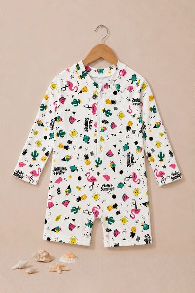 ZUZUNGA Flamingo Patterned Long Sleeve Baby Girl Zippered Jumpsuit Swimsuit