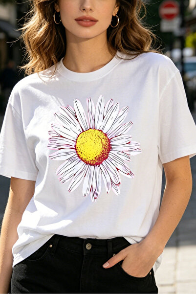 Fleck Womens T Shirts Daisy Flower Print Casual Summer Style Loose Fit White Top