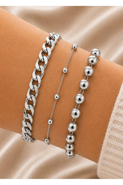 Merand Women's Silver Color 3-Piece Bracelet Set with Chain and Ball Detail, ...