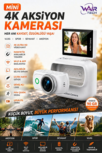 Wair Teknoloji Mini 4K Wifi Aksiyon Kamerası Açılabilir Selfie Ekranı Manyeti...