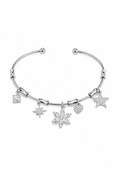 serelya Brass Silver Color Lotus Detail Charm Women's Bracelet