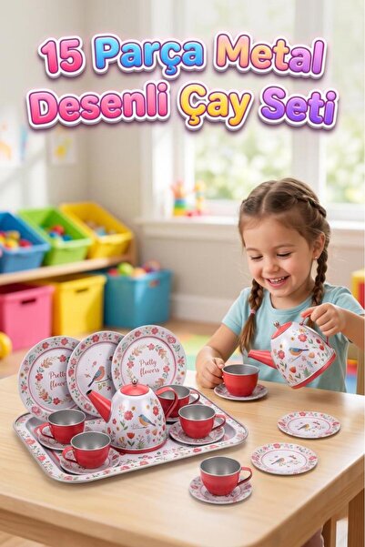 Tıfıl Toys Çiçek Desenli 15 Parça Metal Çay Seti 4 Kişilik Eğitici ve Eğlence...