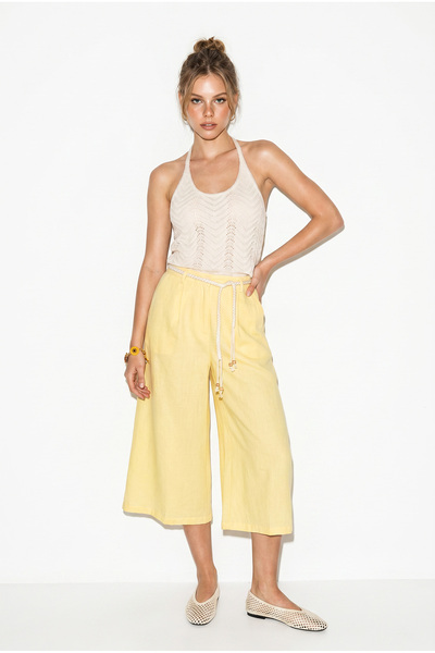 Bianco Lucci Women's Lined Linen Pocket Belt Detailed Wide Leg Culotte Trouse...