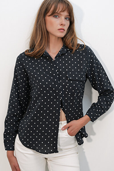 Merterium Women's Single Pocket Polka Dot Oversize Shirt 1539 - Black