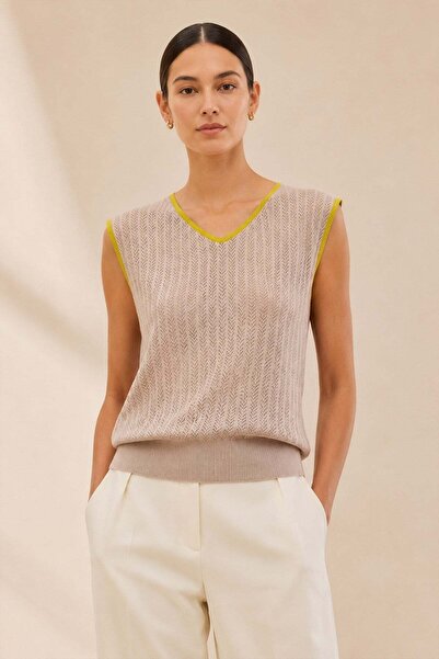 Ferraro Beige Contrast Ribbed Openwork V-Neck 100% Cotton Women's Knitwear Bl...