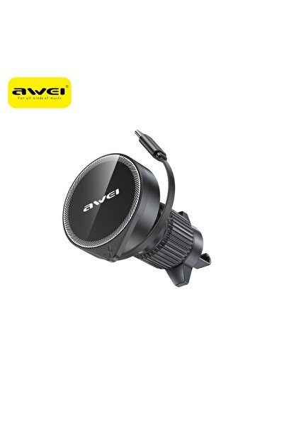 AWEI X73 MagSafe Car Mount with Retractable USB-C Cable, 15W, Black