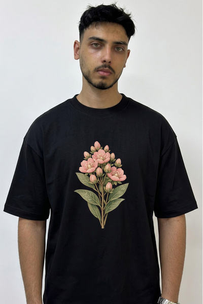 Anetos Pink Flower Botanical Design Printed Oversize Black T-Shirt