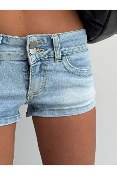 HerTon Kadın Düşük Bel Mini Denim Şort Arkası Kapaklı Cepli Kot Şort