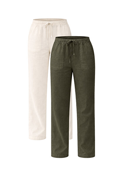 Kozik Women's 2-Piece Linen Relaxed Cut Lightweight Fabric Casual Pants