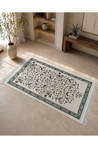 Lalezar Saray Seccadesi 70x120 cm Osmanlı Çiçek Desenli Saçaklı Lüks Hediyelik Namazlık Krem Renk