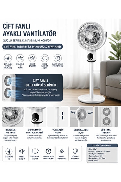 Genel Markalar 🌬️ Çift Fanlı Ayaklı Vantilatör – Güçlü Serinlik, Şık Tasarım