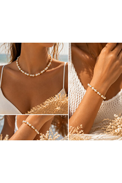 Adata Jewelry Barok İnci Dorika Kadın Kolye Bileklik Set Uzatma Zincirli Gold...