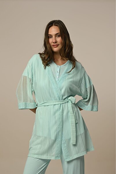 VELMİORA HOMEWEAR Kadın 3'Lü Sabahlıklı Viskon Rahat Ve Esnek Çini Detay Zari...