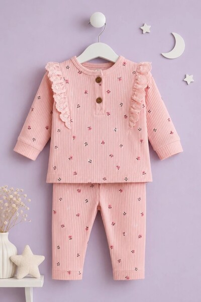Tuğra Bebe Baby Girl Floral Print Ruffle Detail Ribbed 2-Piece Set Long Sleev...