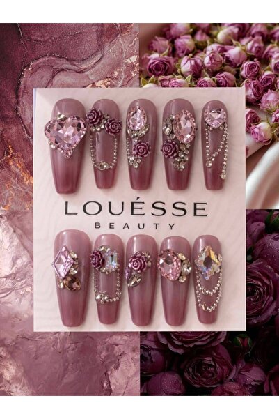 Louesse Beauty LOUÉSSE BEAUTY El Yapımı Gül Desenli 3D Taşlı Takma Tırnak | L...