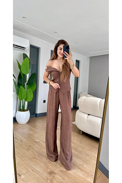 Yasmin Butik Kendinden desenli yelekli pantolon takım