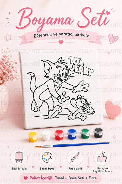 ellante Tom & Jerry Baskılı Boyama Tuvali Seti 20x20 cm – 6 Renk Akrilik Boya...