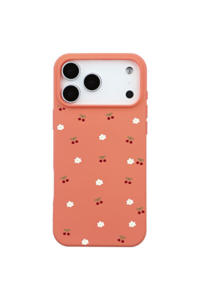 Casen iPhone 17 Pro Max Turuncu Lansman Renkli Silikon Kiraz ve Çiçek Desenli...