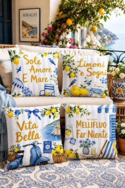 EVPANYA Set de 4 huse de pernă cu model Blue City Lemon
