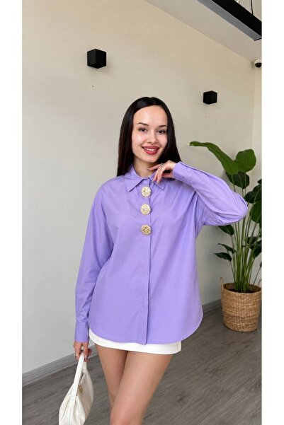 Famecoy Kadın gold detaylı uzun kollu oversize gömlek gml00405