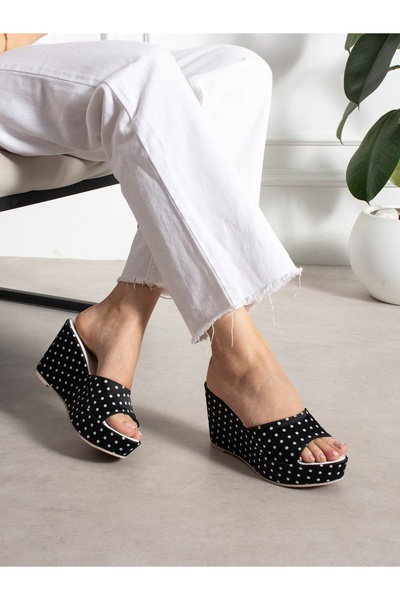 ALEMDAR AYAKKABI Cozy Black Polka Dot Wedge Heeled Women's Slippers