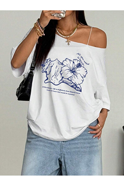 PALPİTO Women's Floral Seashell Printed Oversize Boat Neck T-Shirt