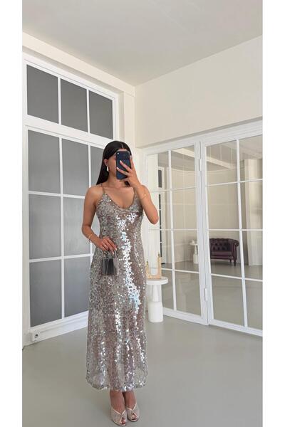 GAUS CO Vizon Ayarlanabilir Askılı Astarlı Pullu Elbise GAUS-01684