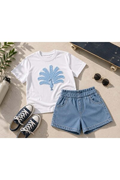 Lolliboomkids Girl's peacock embroidered cotton white t-shirt with light blue...