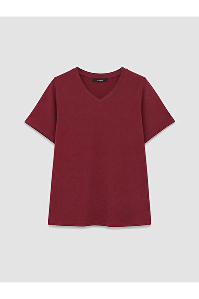 LC Waikiki Lcwaikiki Petite Red V-Neck 100% Cotton Women's T-Shirt