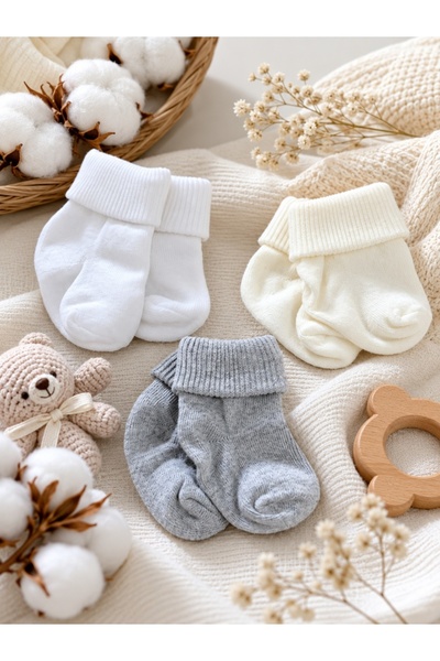 Pure Boutique Комплект от 3 чифта сиви, бели и цвят слонова кост бебешки чора...
